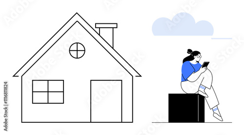 Modern home with chimney, square and circular windows. Young woman in blue top, glasses, on tablet, sitting on black block, with clouds. Ideal for home living, technology relaxation digital work