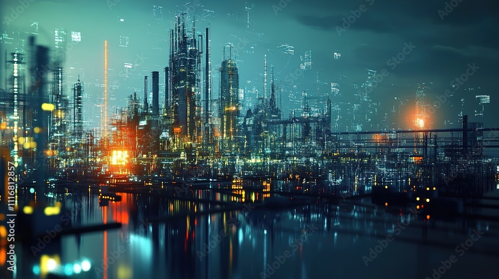 Fototapeta premium A futuristic city skyline at night, illuminated by bright lights, reflecting on water, showcasing advanced architecture and technology.