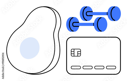 Avocado, gym dumbbells, and a credit card highlight health, fitness, and finance. Ideal for wellness, fitness, nutrition healthy spending lifestyle blogs financial health self-care. Line metaphor