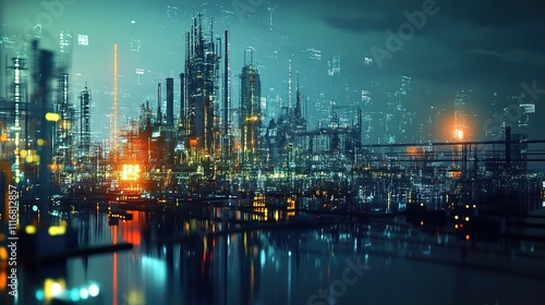 Wallpaper Mural A futuristic city skyline at night, illuminated by bright lights, reflecting on water, showcasing advanced architecture and technology. Torontodigital.ca