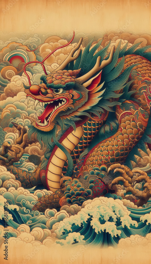 Obraz premium 墨絵、日本画、浮世絵／龍（ドラゴン） 