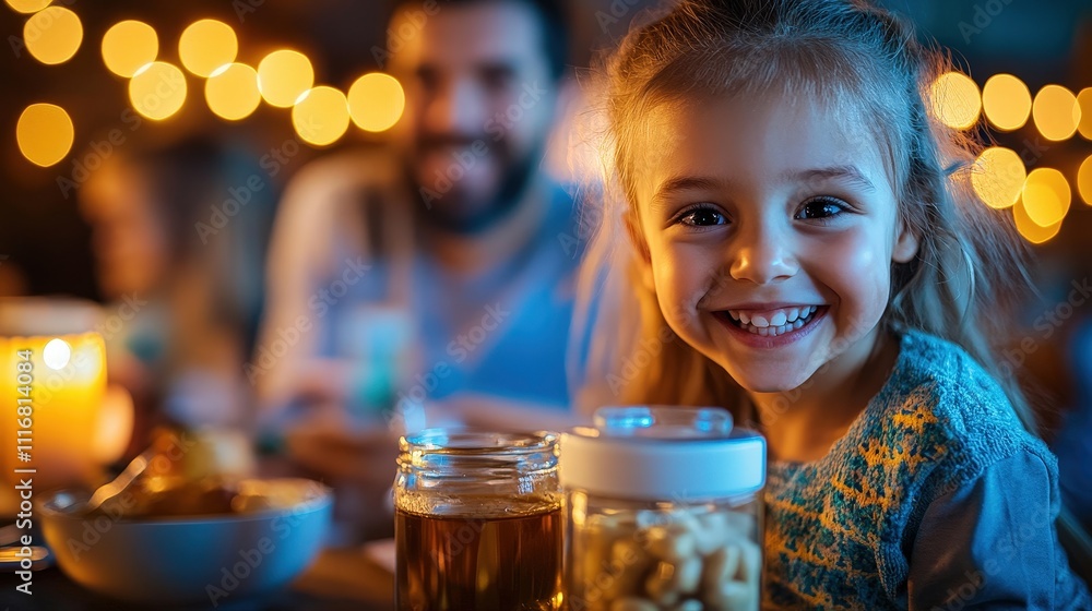 A cheerful young girl beams with joy next to a jar of snacks, capturing a delightful moment at a family gathering illuminated by soft lights and warm ambiance. A cheerful young girl beams with joy next to a jar of snacks, capturing a delightful moment at a family gathering illuminated by soft lights and warm ambiance.