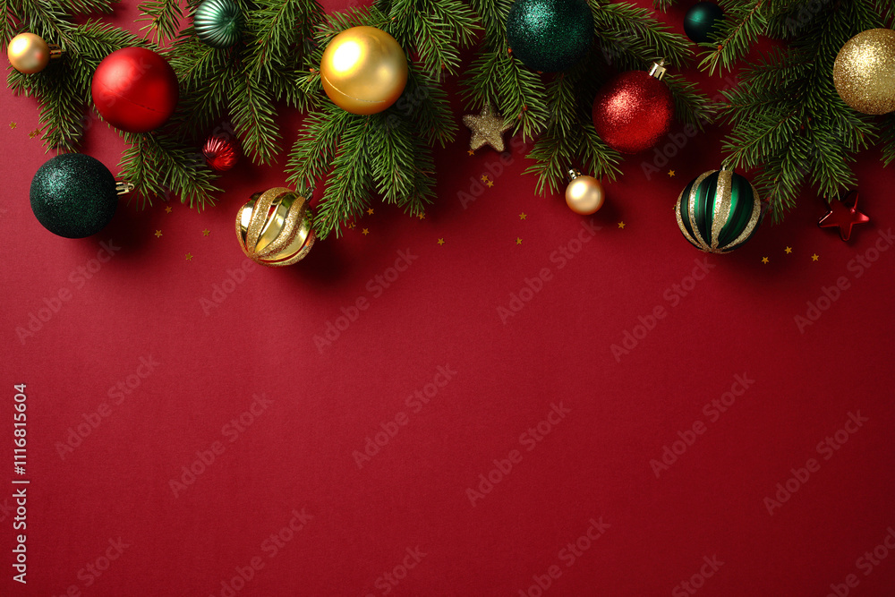 Festive Christmas ornament border with pine branches on red background, ideal for holiday designs Festive Christmas ornament border with pine branches on red background, ideal for holiday designs