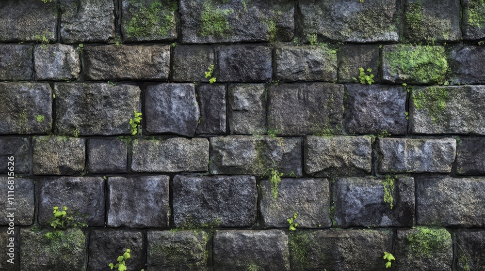 Fototapeta premium Stone brick wall with visible mortar and moss resting on it