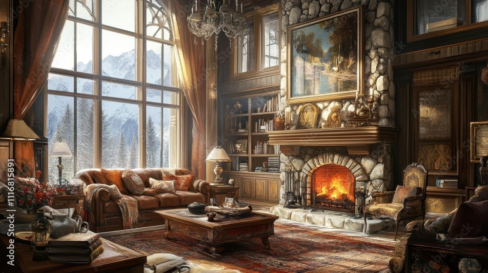 Cozy mountain lodge interior with a fireplace and scenic view. Cozy mountain lodge interior with a fireplace and scenic view.