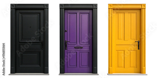 three colorful doors, black door, purple door, yellow door, side by side, minimalistic design, high contrast, white background
 photo