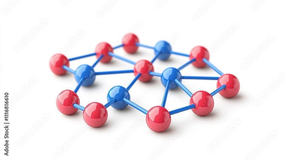 Obraz premium A colorful molecular model featuring red and blue spheres connected by rods, illustrating the structure of a chemical compound.