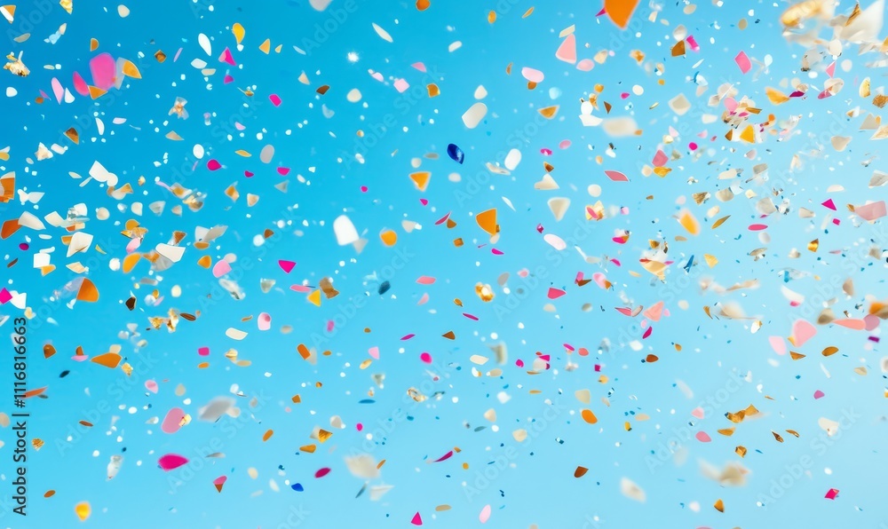 Winter winter snow confetti scatter flyer blue background. Flying colorful snowflakes falling from the sky. Winter winter snow confetti scatter flyer blue background. Flying colorful snowflakes falling from the sky.