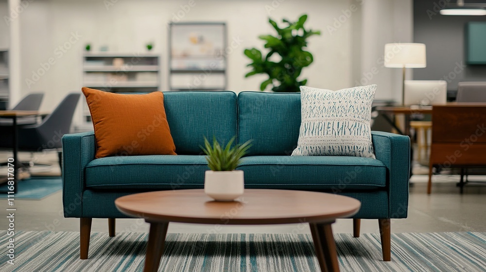 Fototapeta premium A modern living room features a teal couch with orange and patterned pillows, complemented by a round coffee table and decorative plant.