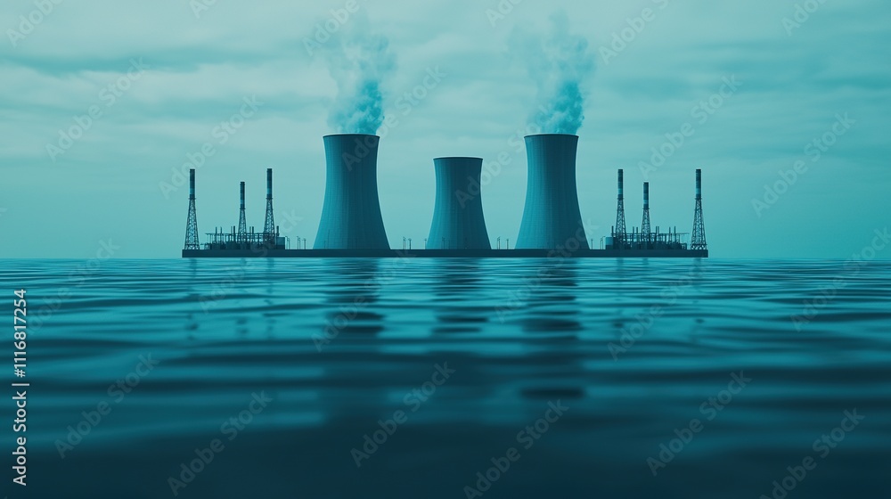 Obraz premium A serene view of cooling towers emitting steam, set against a tranquil water backdrop, highlighting industrial energy production.