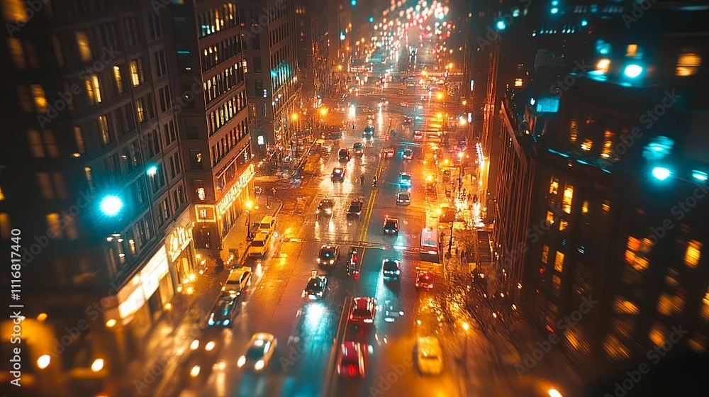 Fototapeta premium City Night Traffic Rainy Street Scene