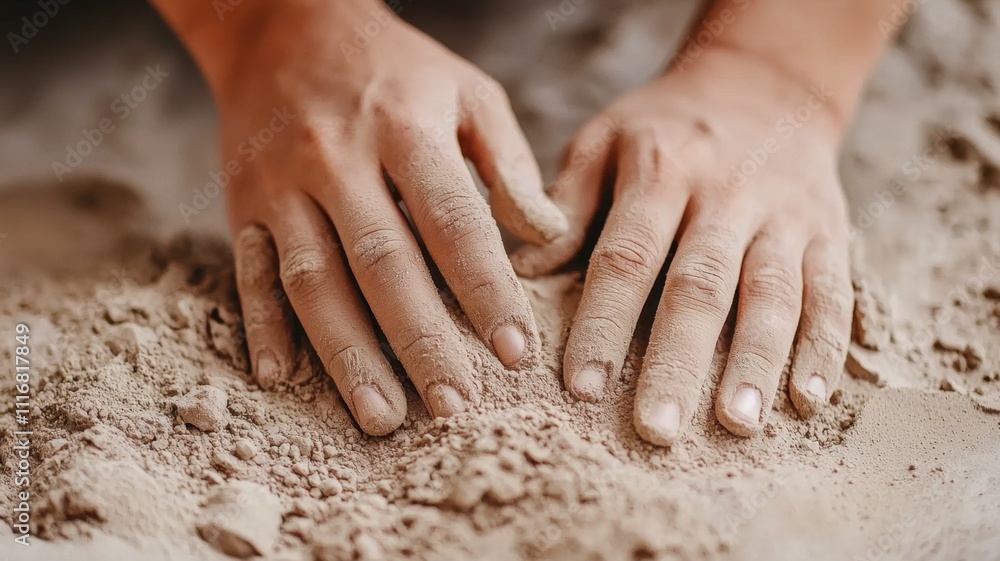 Sensory experience touch nature. Hands interacting with soft sand texture. Sensory experience touch nature. Hands interacting with soft sand texture.