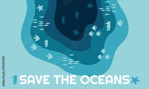 Paper cut butterfly fish, seahorse, moonfish. Paper craft layered background under ocean cave with fishes coral reef seabed in algae waves. Vector sea marine life concept.
