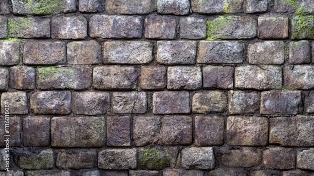 Fototapeta premium Stone brick wall with rough texture and subtle moss growth, realistic surface