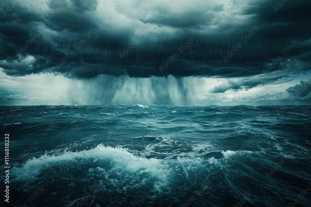 Fototapeta premium Dark storm clouds loom over turbulent ocean waters, threatening rain.