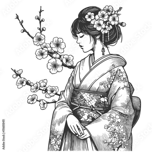 geisha in traditional kimono, surrounded by detailed blooming flowers and foliage sketch engraving generative ai fictional character vector illustration. Scratch board imitation. Black and white image