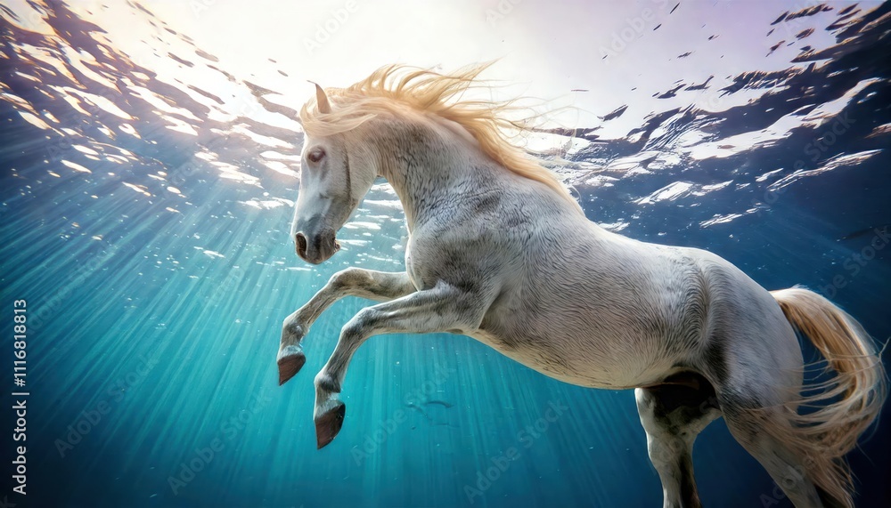 Fototapeta premium stunning art with beautiful white horse diving in ocean and bathing in sun rays. Digital art 
