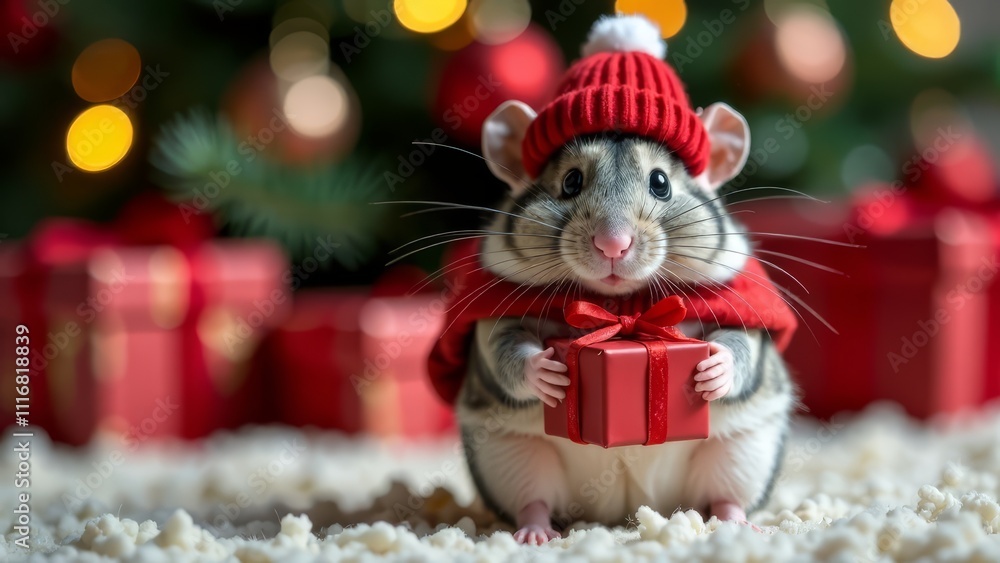 Adorable hamster in red hat and cape holding small gift, surrounded by holiday decor and bokeh lights. Concept of Christmas, New Year celebration, unboxing gifts. Unbox gift with your hamster friend. Adorable hamster in red hat and cape holding small gift, surrounded by holiday decor and bokeh lights. Concept of Christmas, New Year celebration, unboxing gifts. Unbox gift with your hamster friend.