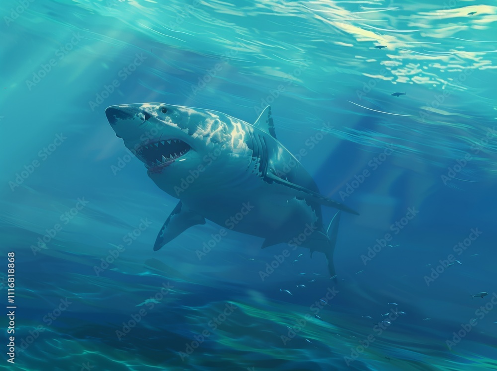 Fototapeta premium Great white shark and sun rays