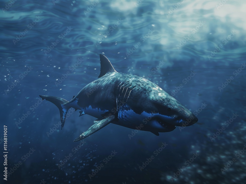 Fototapeta premium Great white shark and sun rays