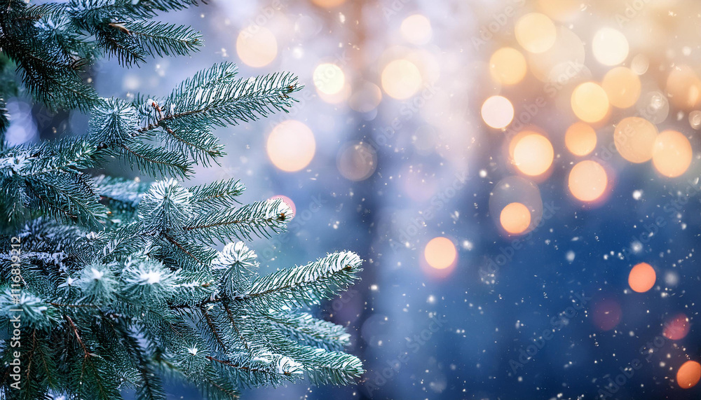 Christmas tree with snow and bokeh, beautiful new year background Christmas tree with snow and bokeh, beautiful new year background