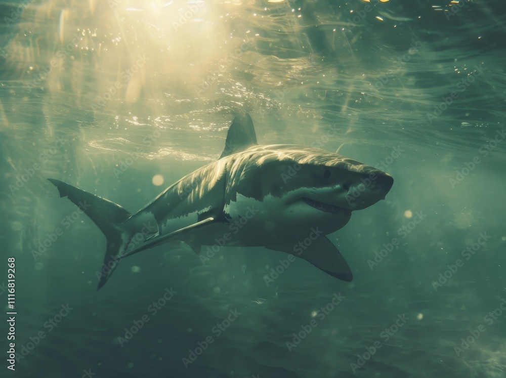 Fototapeta premium Great white shark and sun rays
