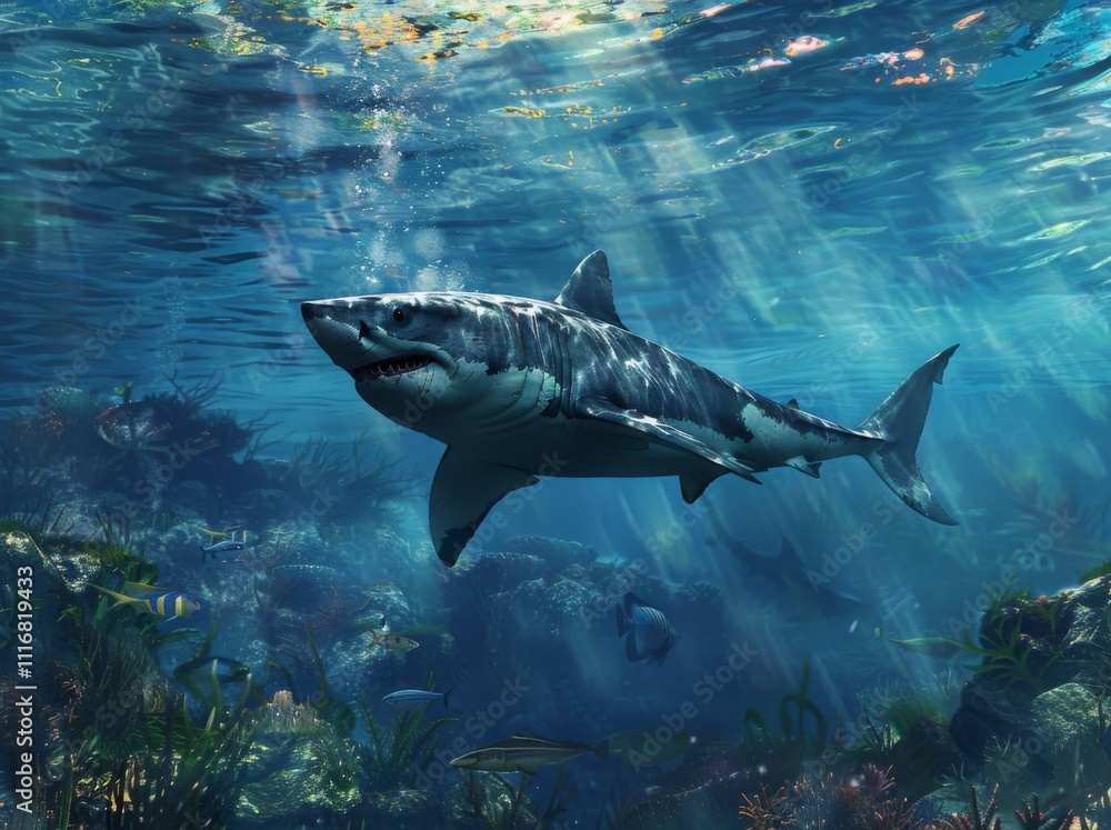 Fototapeta premium Great white shark and sun rays