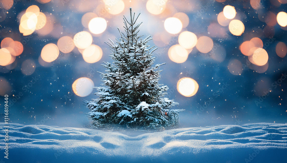 Christmas tree with snow and bokeh, beautiful new year background Christmas tree with snow and bokeh, beautiful new year background