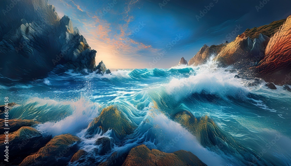 Fototapeta premium The ocean's embrace reshapes the coast with force. 