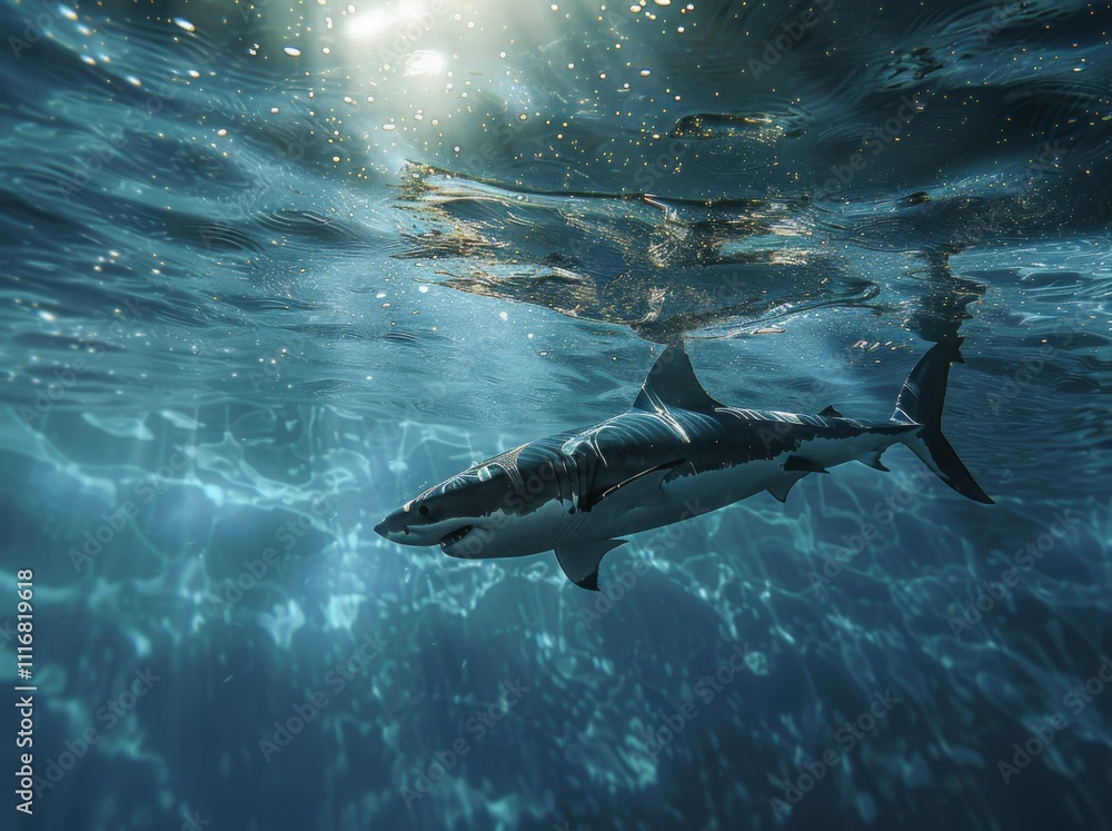 Fototapeta premium Great white shark and sun rays
