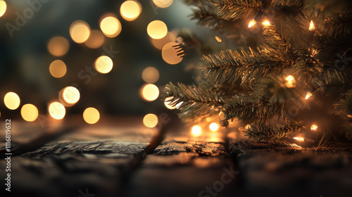Christmas tree on wooden floor, bokeh background. Illuminated tree with ornaments, warm lighting on rustic wood