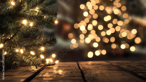 Christmas tree on wooden floor, bokeh background. Illuminated tree with ornaments, warm lighting on rustic wood