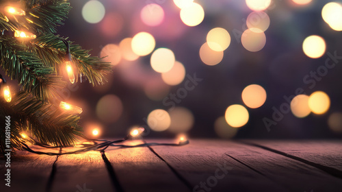 Christmas tree on wooden floor, bokeh background. Illuminated tree with ornaments, warm lighting on rustic wood