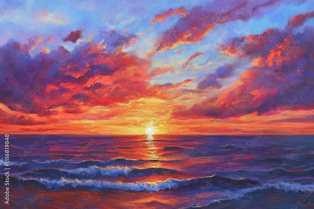Fototapeta premium A vibrant sunset over the ocean with colorful clouds reflecting on water.