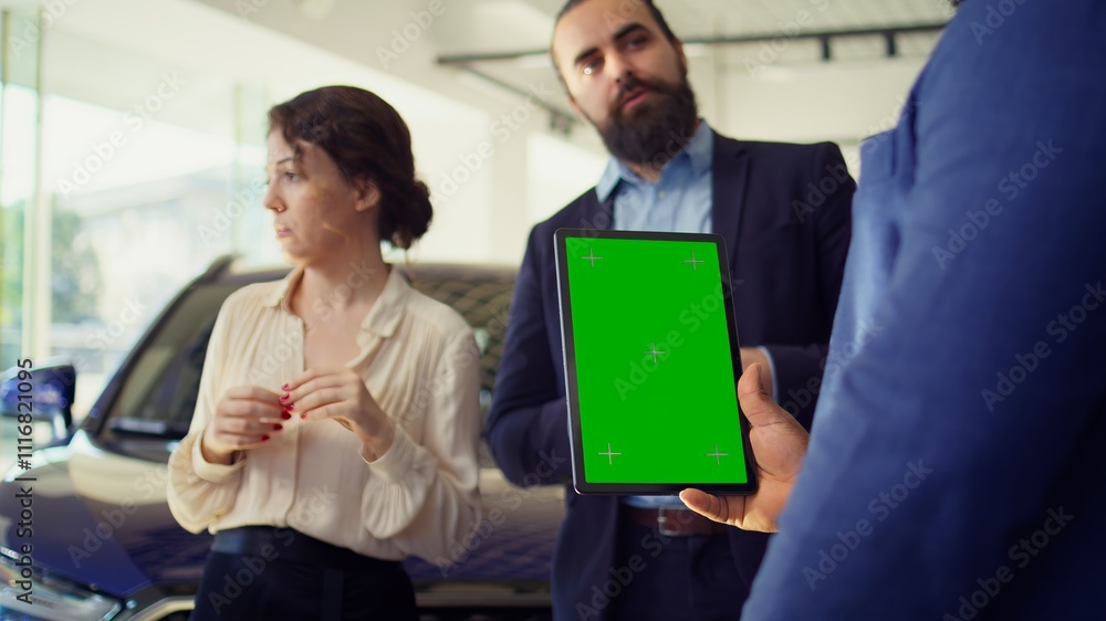 Dealership salesman showing car models on green screen tablet to clients, making recommendations. Showroom agent presents financing options to customers on chroma key device, camera B Dealership salesman showing car models on green screen tablet to clients, making recommendations. Showroom agent presents financing options to customers on chroma key device, camera B