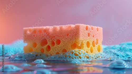 A colorful sponge floating on water with bubbles, creating a playful and vibrant scene.