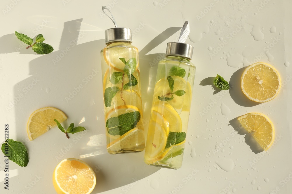 Fototapeta premium Lemon water with mint in bottles, fresh fruits and leaves on white table, flat lay