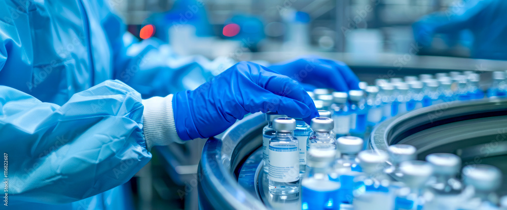 Vials of new medication on a conveyor belt. Mass pharma industrial production