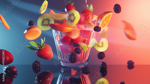 A glass overflows with falling kiwi, strawberry, orange, and blackberry slices. Dramatic lighting enhances the colorful fruit explosion in midair. Fresh, healthy, delicious photo