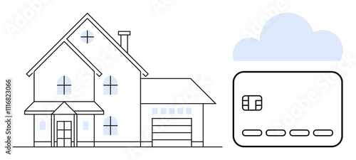 Modern house beside a credit card and cloud, indicating online payment for home-related expenses. Ideal for real estate, online banking, home automation, mortgage services, financial planning