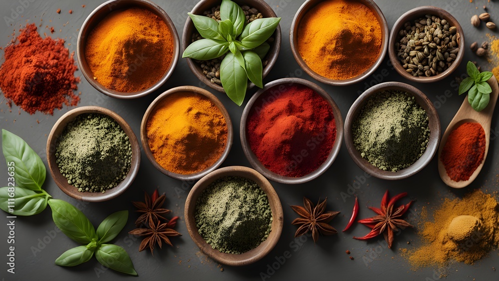 Aromatic spices and herbs in bowls, overhead shot. (1) Aromatic spices and herbs in bowls, overhead shot. (1)
