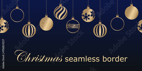 Christmas balls seamless border. an endless texture of hanging gold Christmas decorations on a dark blue background. graphic element for the design, card, backdrop, website header. pattern golden foil