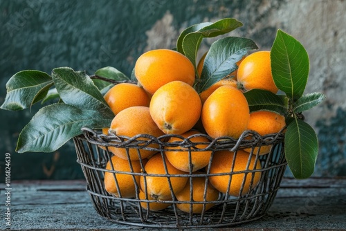 Metal basket containing loquat fruit and leaves photo