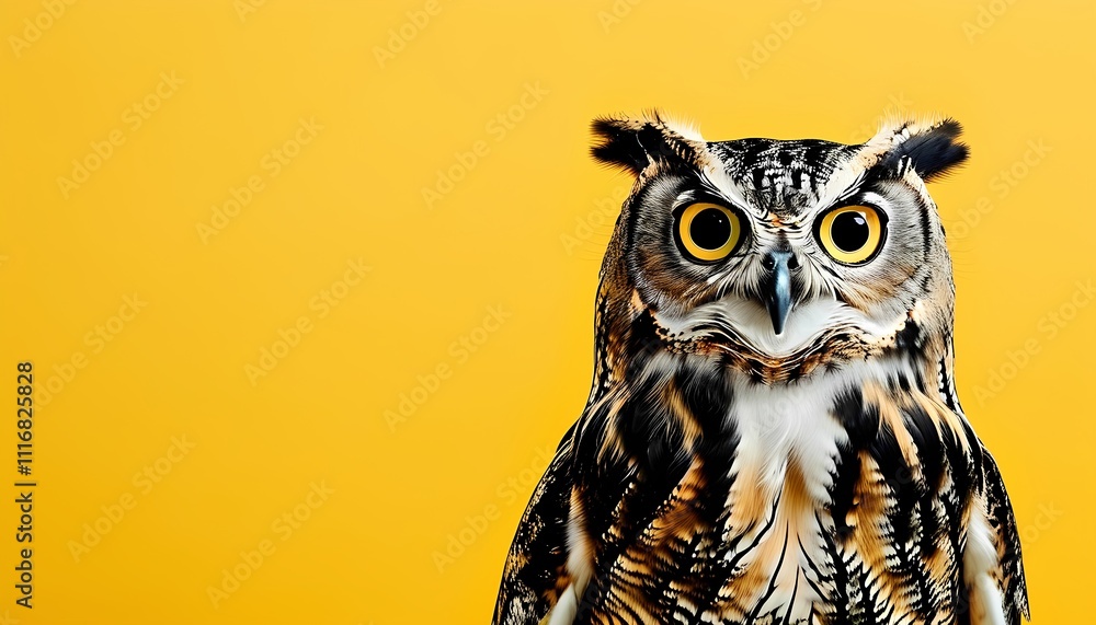 Majestic Owl with Sharp Eyes Against a Bold Yellow Background, Emphasizing Its Strength and Elegance Majestic Owl with Sharp Eyes Against a Bold Yellow Background, Emphasizing Its Strength and Elegance