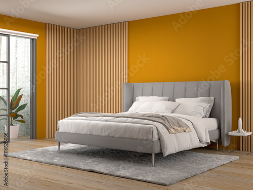 modern bedroom interior  with soundproof wood panels orange wall 3D rendering
