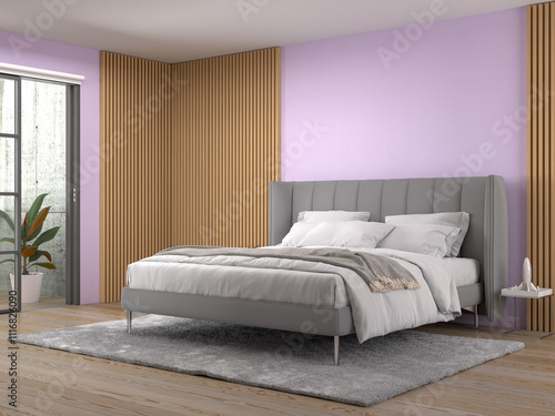 modern bedroom interior  with soundproof wood panels on lavender wall 3D rendering
