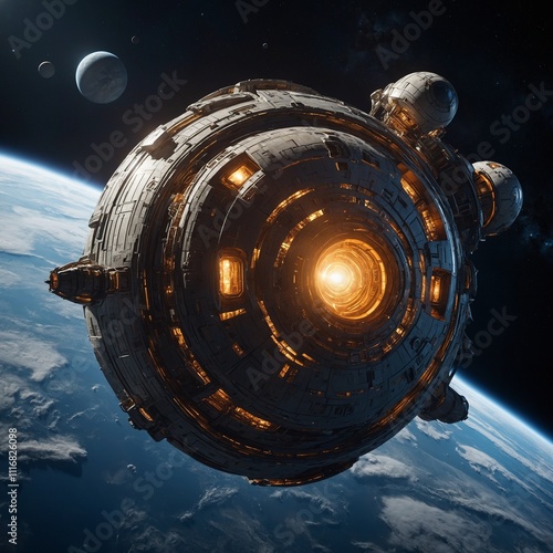 Space Exploration Technology: A futuristic spacecraft equipped with advanced technology, orbiting a distant exoplanet. The ship has glowing propulsion systems and intricate designs emphasizing innovat photo