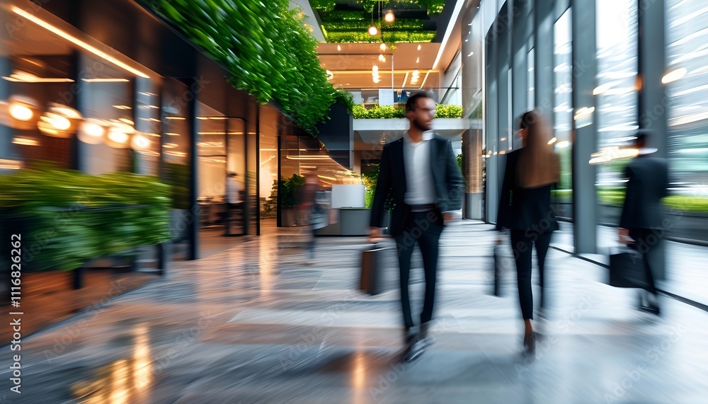 Fototapeta premium Sleek Office Interior Featuring Blurred Motion of Businesspeople in a Contemporary Setting with Glass and Greenery