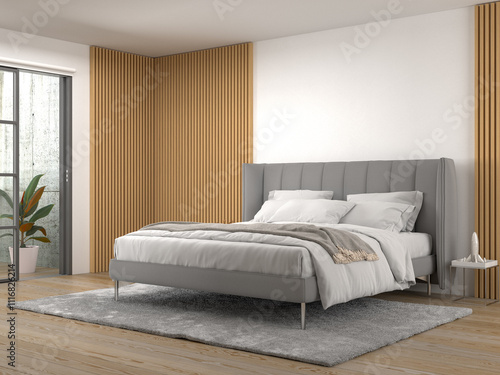 modern bedroom interior  with soundproof wood panels on white wall 3D rendering
