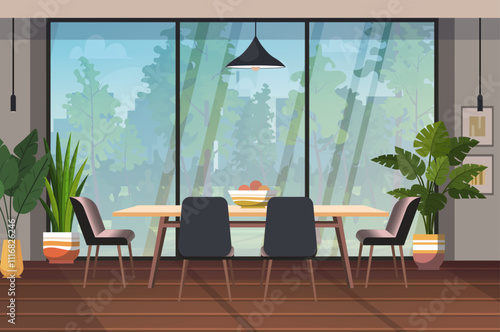  Dining room. Contemporary apartment. Dining table with plate of fruit, chairs, potted plants, window, paintings and lamp. Flat vector illustration. Not AI generated